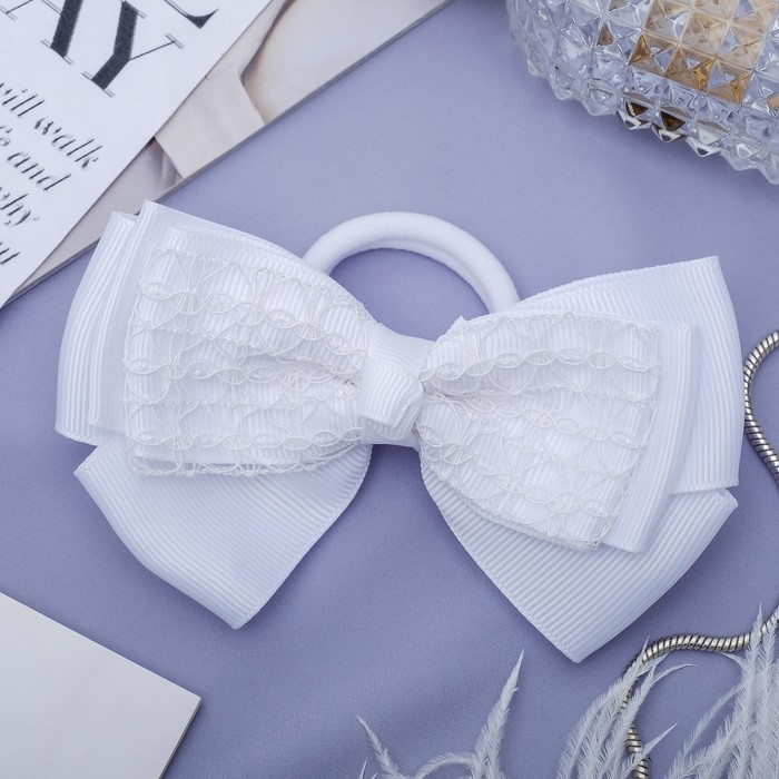 Резинка для волос бант "Школьница" 12 см, кружева, белый