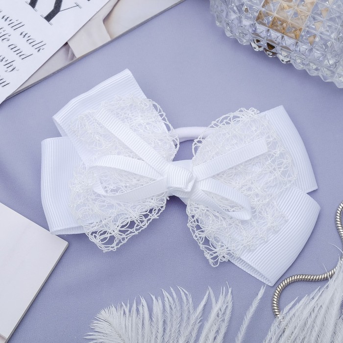 Резинка для волос бант "Школьница" 12,5 см, муар, белый