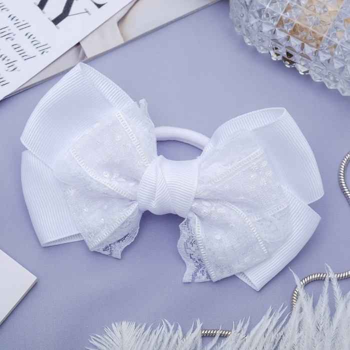 Резинка для волос бант "Школьница" 11,5 см, кружево, белый