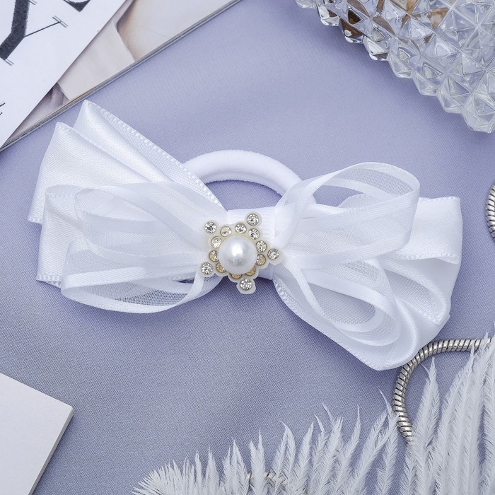 Резинка для волос бант "Школьница" 9,5 см, звезда с жемчужиной, белый