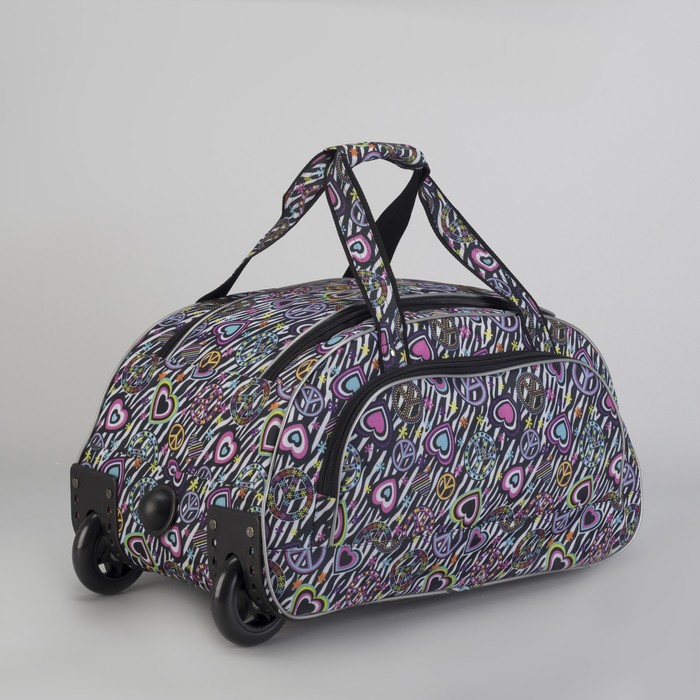 Сумка дорожная на колесах "Сердца", 1 отдел, 1 наружный карман, принт чёрный/разноцветный