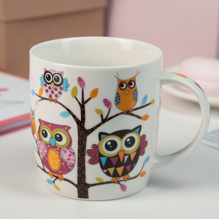Кружка 330 мл "Совы на дереве", цвета МИКС