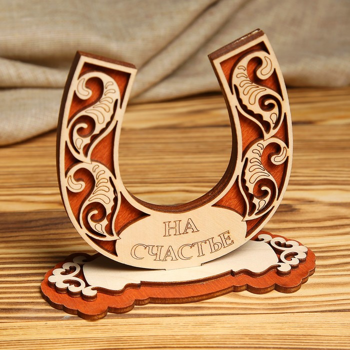 Подкова «На счастье/на удачу», с узором, настольная, двусторонняя, красная, 5×12×10 см