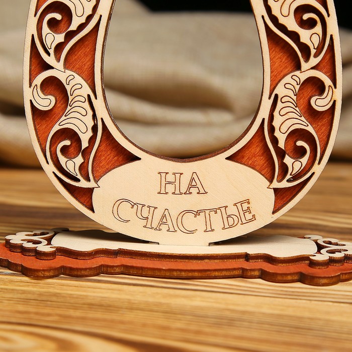 Подкова «На счастье/на удачу», с узором, настольная, двусторонняя, красная, 5×12×10 см