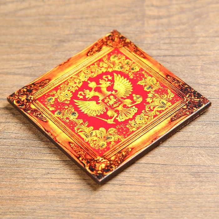 Магнит - картина «Герб России с хохломской росписью», красный фон, 6,8×6,8 см