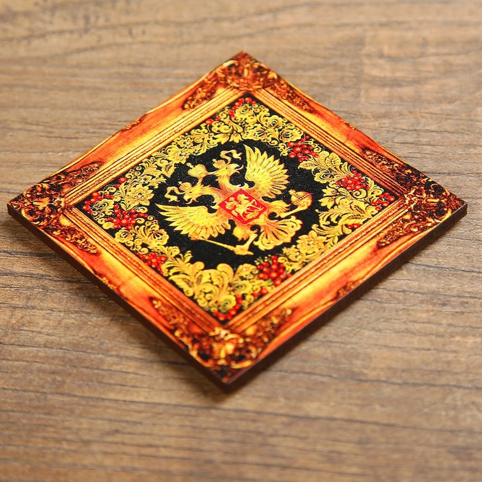 Магнит - картина «Герб России с хохломской росписью», чёрный фон, 6,8×6,8 см