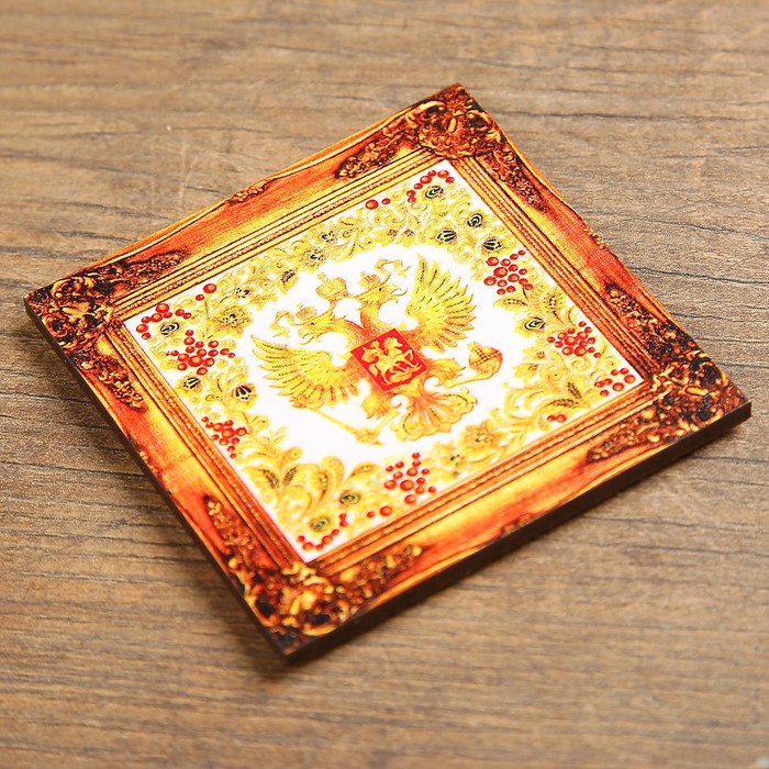 Магнит - картина «Герб России с хохломской росписью», белый фон, 6,8×6,8 см