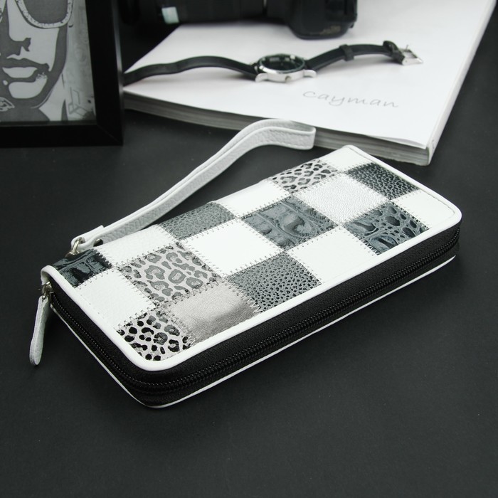 Кошелёк женский, 3 отдела, для карт, для монет, ручка, цвет белый/серый