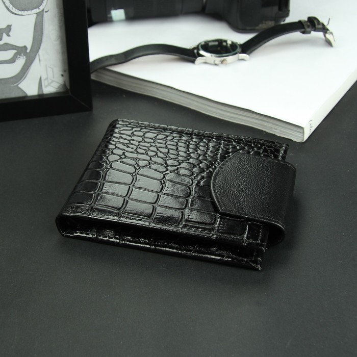 Портмоне, 2 отдела, для карт, для монет, крокодил, цвет чёрный