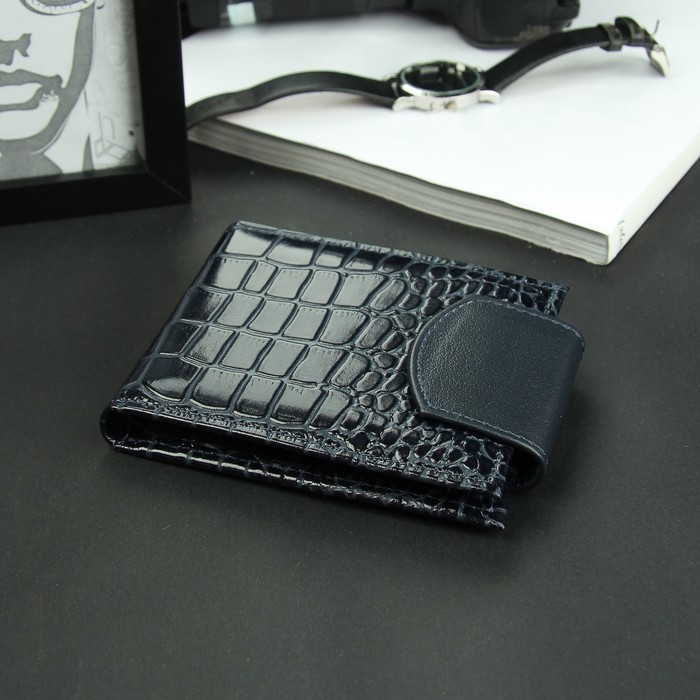 Портмоне, 2 отдела, для карт, для монет, крокодил, цвет синий