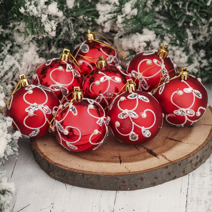 Набор шаров пластик d-6 см 8 шт "Жемчужная веточка" красный