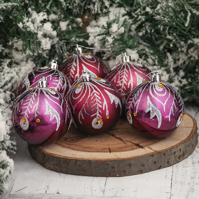 Набор шаров пластик d-7 см 6 шт "Волшебное перо" бордо