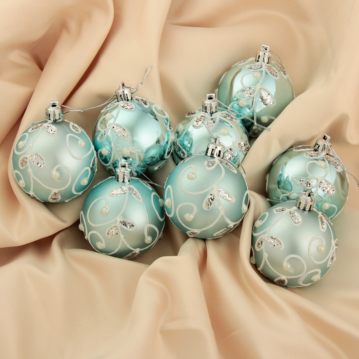 Набор шаров пластик d-6 см 8 шт "Жемчужная веточка" голубой