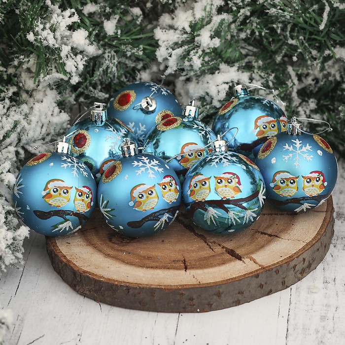 Набор шаров пластик d-6 см 8 шт "Совята" голубой