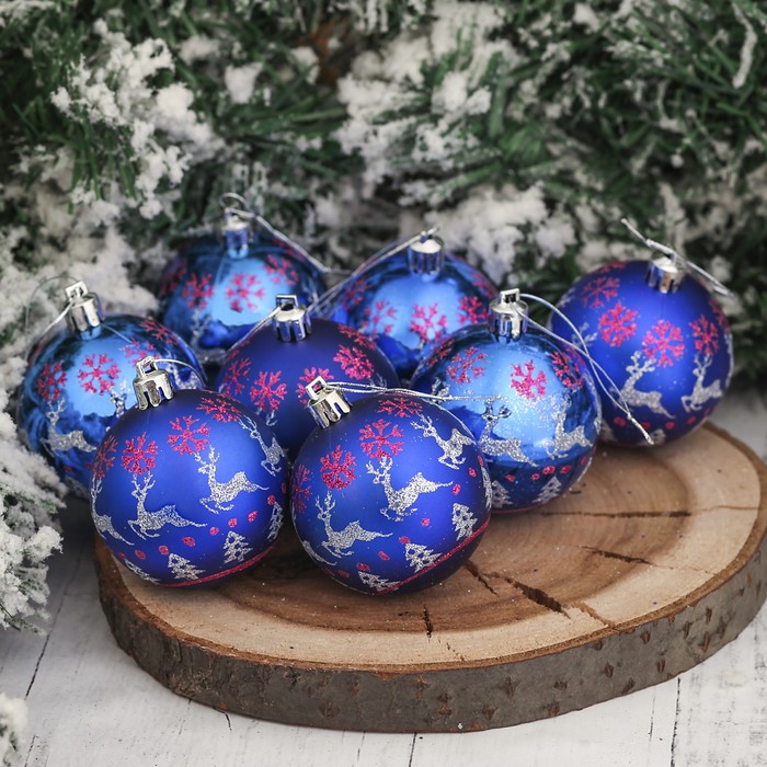 Набор шаров пластик d-6 см 8 шт "Волшебные олени" синий