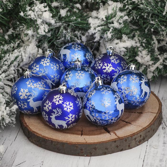 Набор шаров пластик d-6 см 8 шт "Северный олень" синий