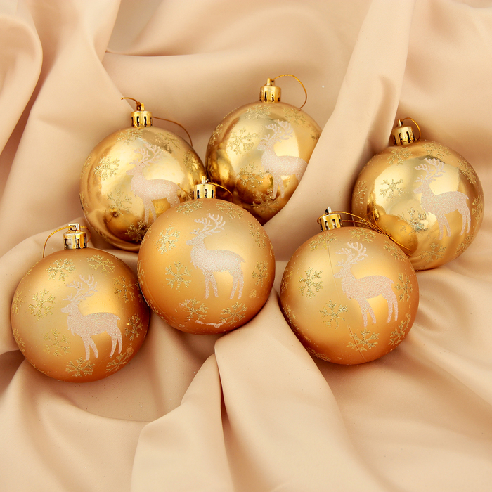Набор шаров пластик d-7 см 6 шт "Северный олень" золото 32449231