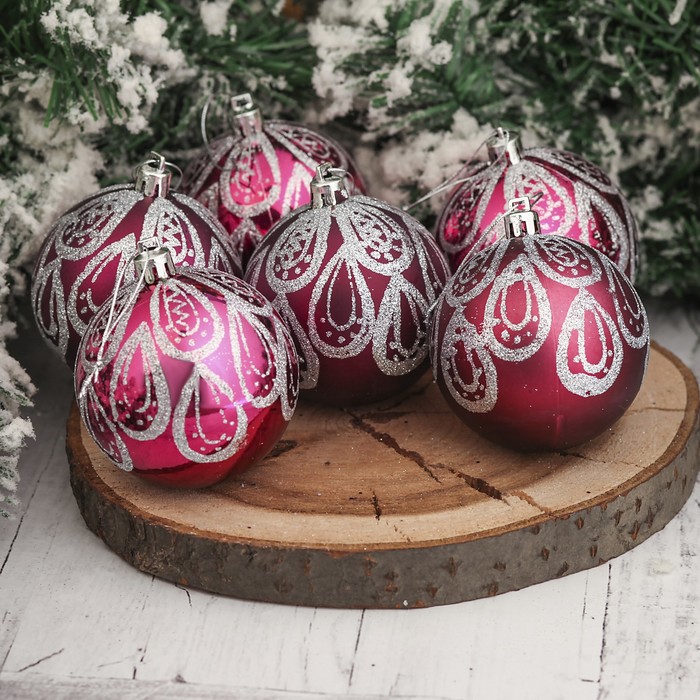 Набор шаров пластик d-7 см 6 шт " Капелька" бордо