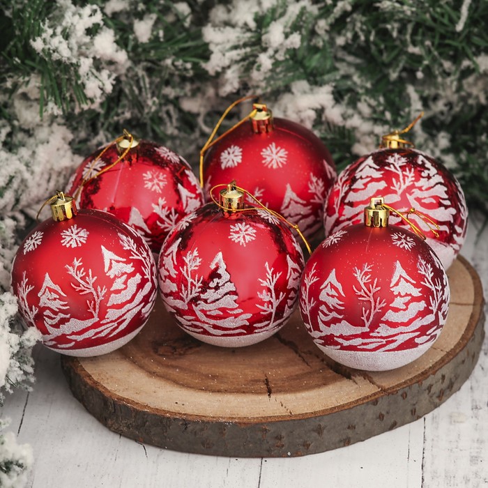 Набор шаров пластик d-7 см 6 шт "Лесная красавица" красный