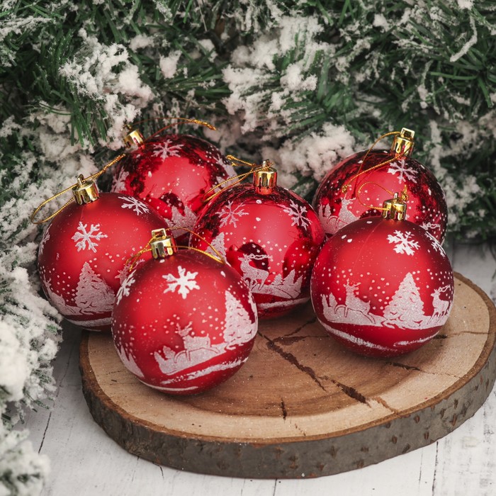 Набор шаров пластик d-7 см 6 шт "Зимний лес" красный