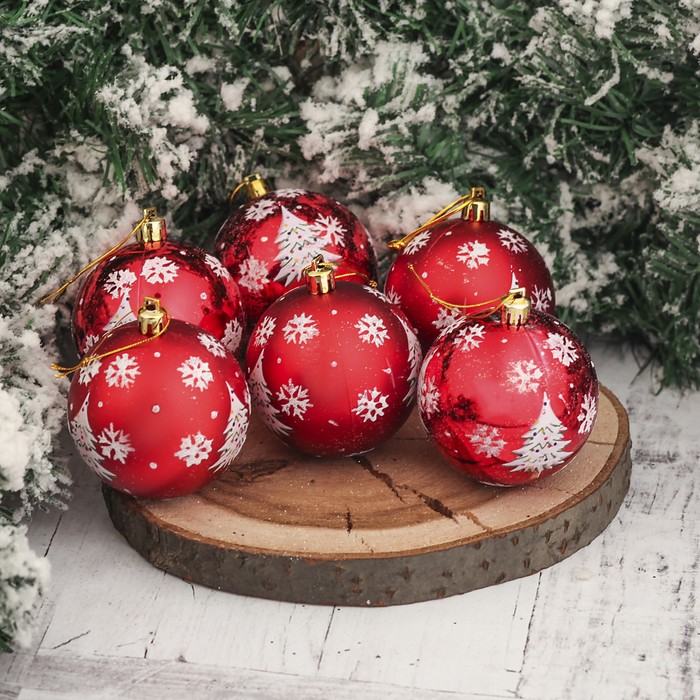 Набор шаров пластик d-7 см 6 шт "Волшебная елочка" красный