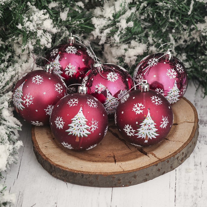 Набор шаров пластик d-7 см 6 шт "Волшебная елочка" бордо