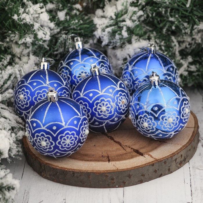 Набор шаров пластик d-7 см 6 шт " Цветочная россыпь" синий