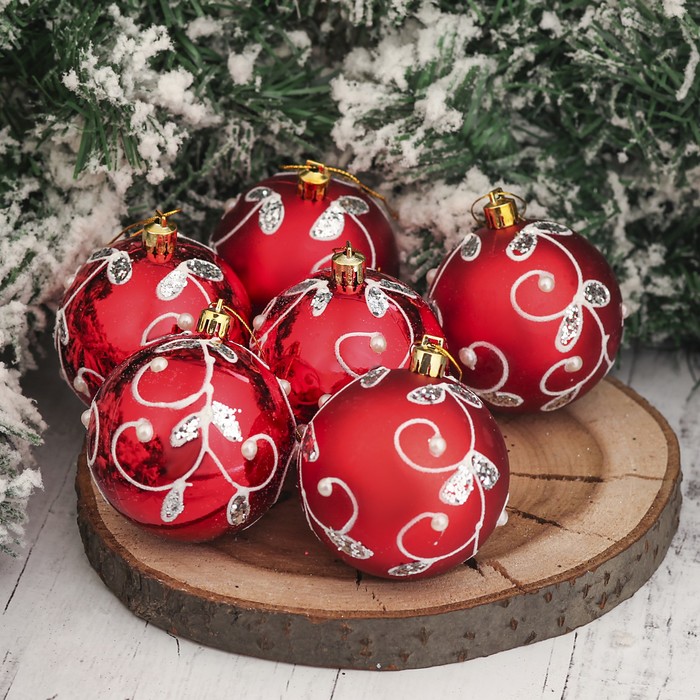 Набор шаров пластик d-7 см 6 шт "Жемчужная веточка" красный