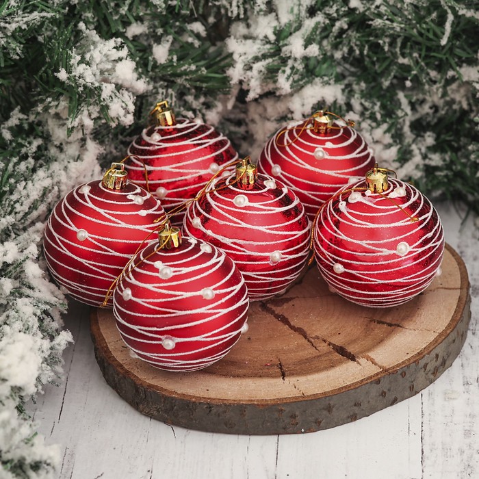 Набор шаров пластик d-7 см 6 шт "Жемчужный орион" красный