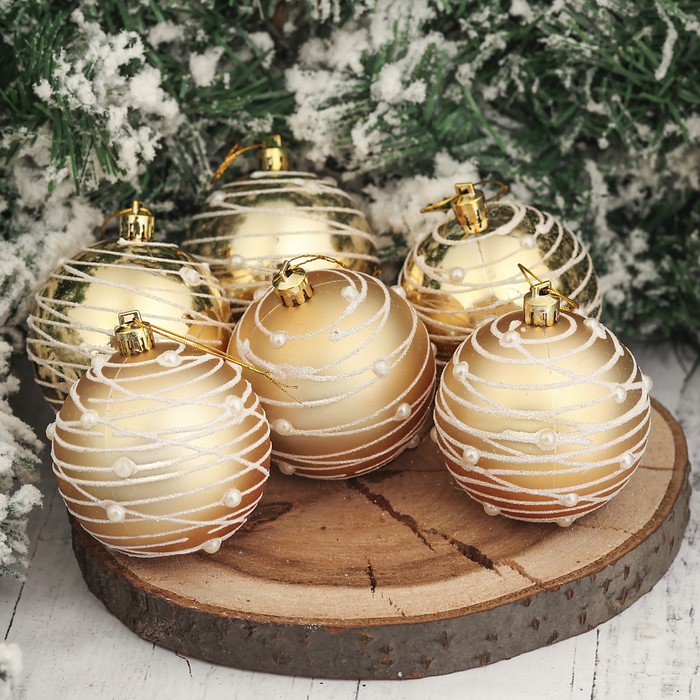 Набор шаров пластик d-7 см 6 шт "Жемчужный орион" золото