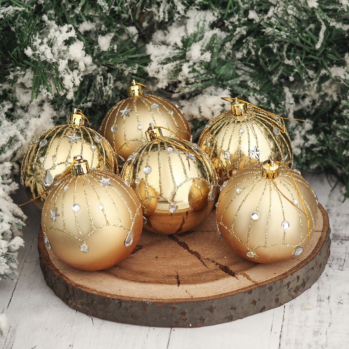 Набор шаров пластик d-7 см 6 шт "Звездопад" золото