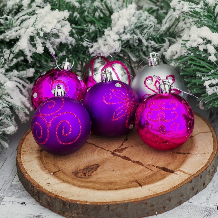 Набор шаров пластик d-6 см 12 шт "Элит" серебро-малиновый