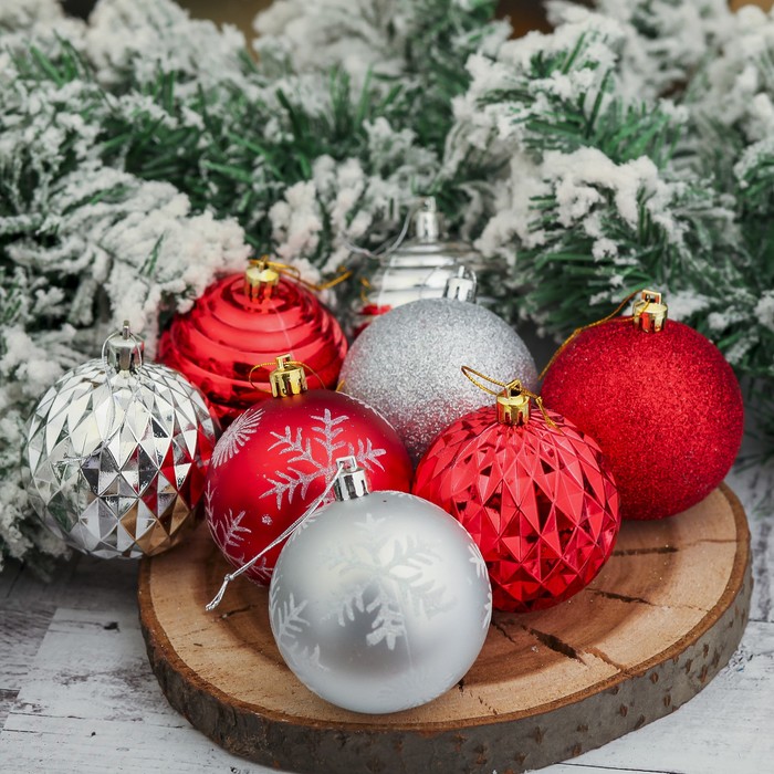 Набор шаров пластик d-7 см 16 шт "Серпантин" серебро-красный