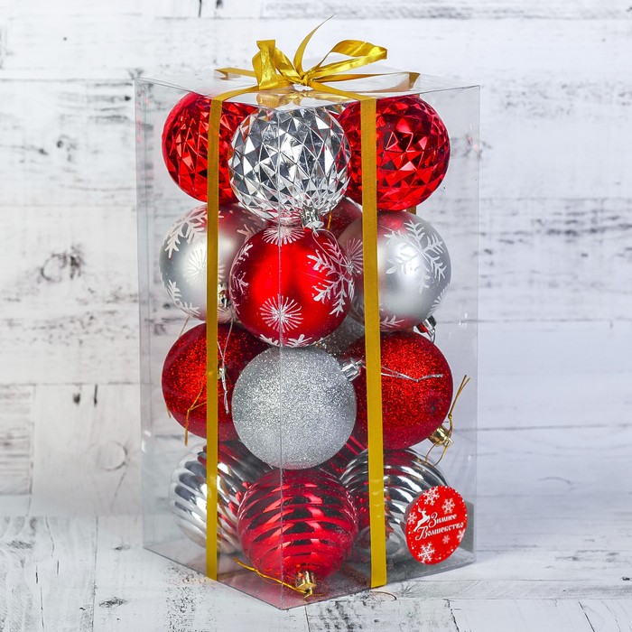 Набор шаров пластик d-7 см 16 шт "Серпантин" серебро-красный