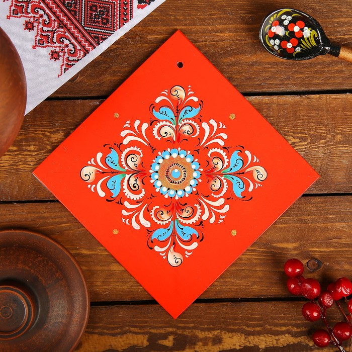 Подставка под горячее, 14×14×0,5 см, шенкурская роспись, красная