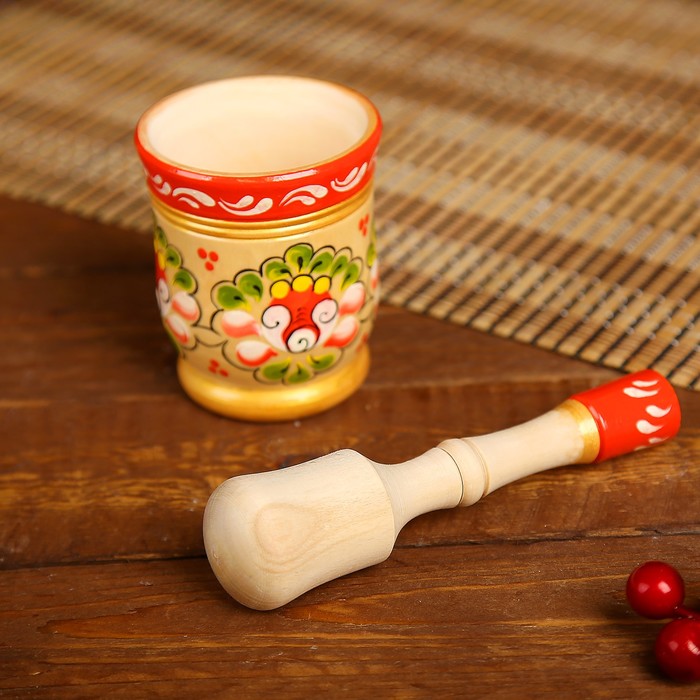 Ступка с пестиком, 6,5×7,5 см, онежская роспись