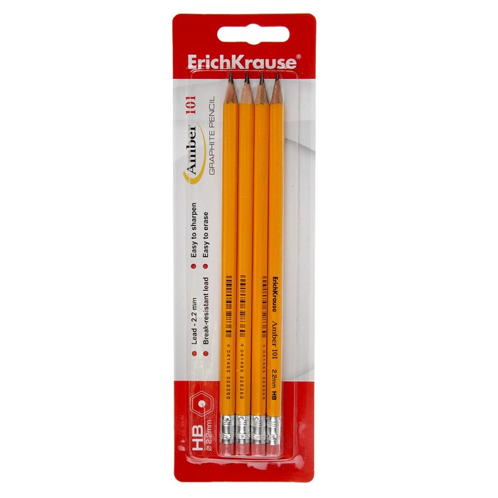 Набор карандашей чернографитных с ластиком 4 штуки Erich Krause Amber 101 HB, сплошная проклейка грифеля, грифель диаметром 2.2мм, блистер
