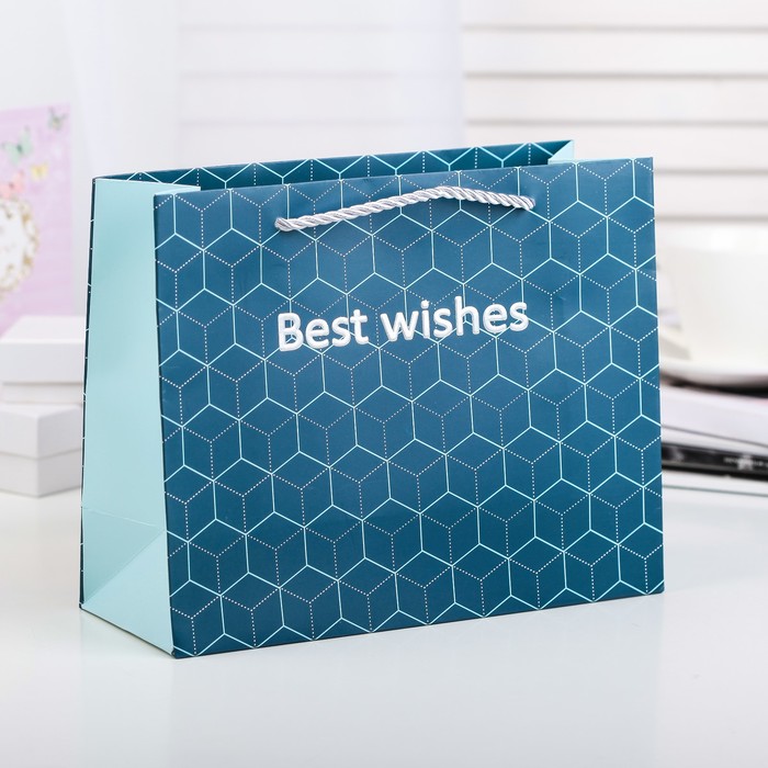 Пакет подарочный "С наилучшими пожеланиями", голубой, люкс, 24,5 х 9,5 х 19,5 см