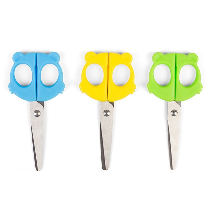 Ножницы 12см пластиковые ручки Мишка, закругленные концы лезвий, МИКС в картонной коробке