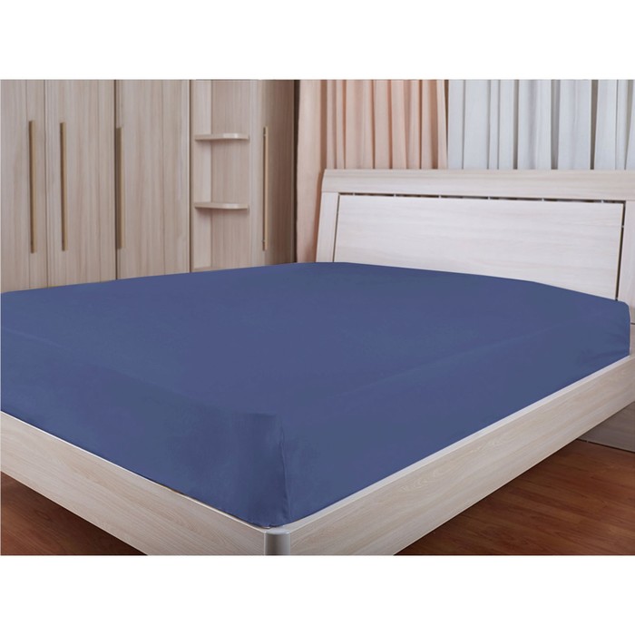 Простыня на резинке, размер 90х200 см, синий, сатин