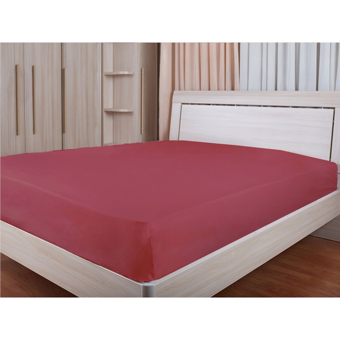 Простыня на резинке, размер 140х200 см, ягодный, сатин