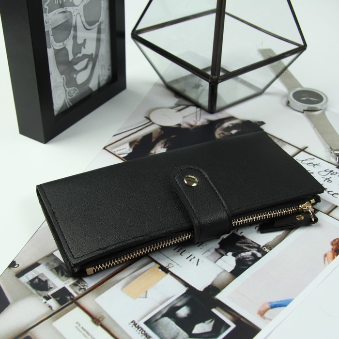 Кошелёк женский, 2 отдела, для карт, для монет, цвет чёрный
