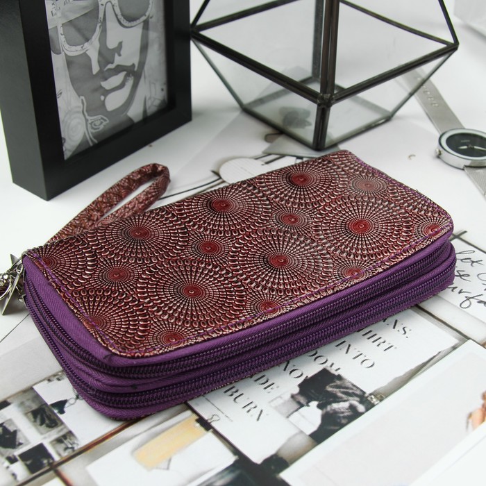 Кошелёк женский, 4 отдела на молниях, для карт, для монет, с ручкой, цвет фиолетовый