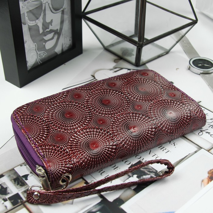 Кошелёк женский, 4 отдела на молниях, для карт, для монет, с ручкой, цвет фиолетовый