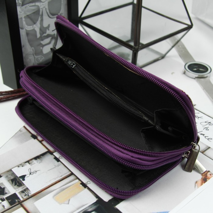 Кошелёк женский, 4 отдела на молниях, для карт, для монет, с ручкой, цвет фиолетовый