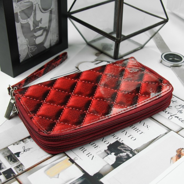 Кошелёк женский, 4 отдела на молниях, для карт, для монет, с ручкой, цвет красный