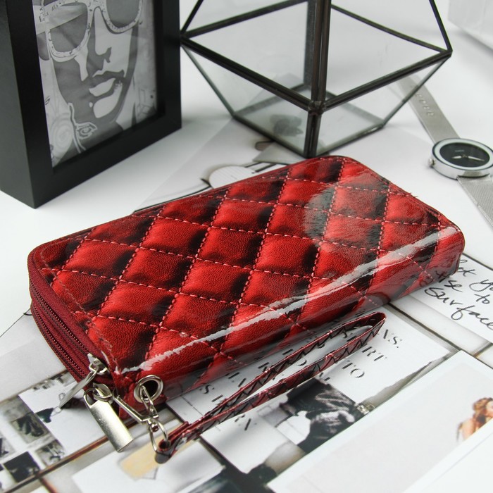 Кошелёк женский, 4 отдела на молниях, для карт, для монет, с ручкой, цвет красный