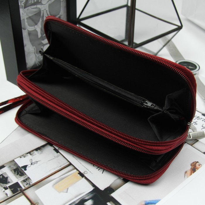 Кошелёк женский, 4 отдела на молниях, для карт, для монет, с ручкой, цвет красный