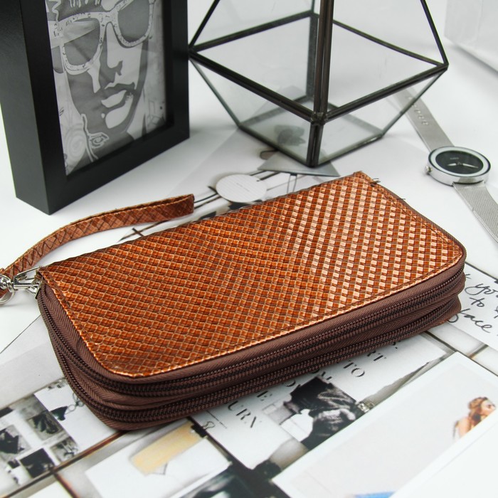 Кошелёк женский, 4 отдела на молниях, для карт, для монет, с ручкой, цвет кофе