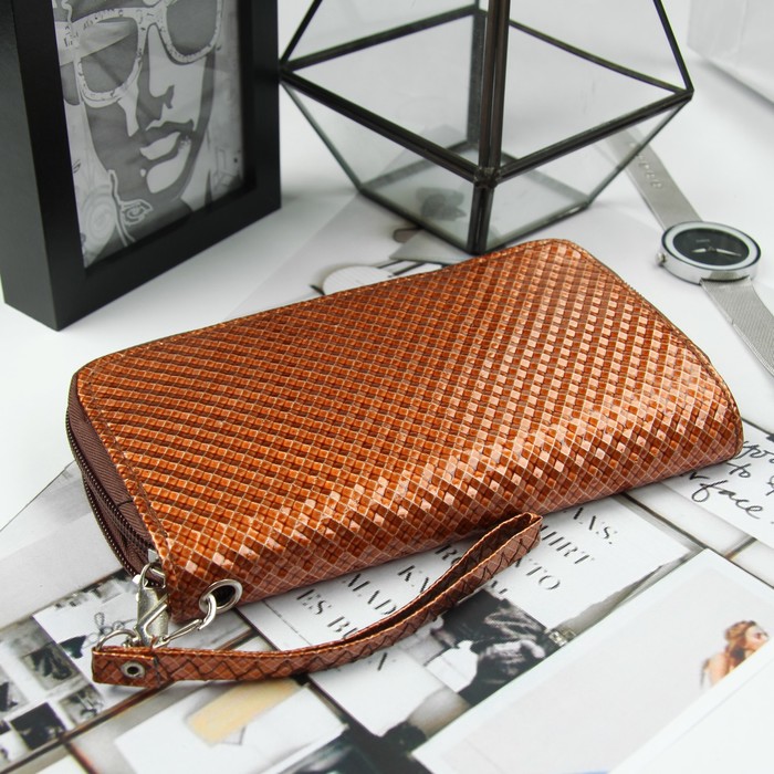 Кошелёк женский, 4 отдела на молниях, для карт, для монет, с ручкой, цвет кофе